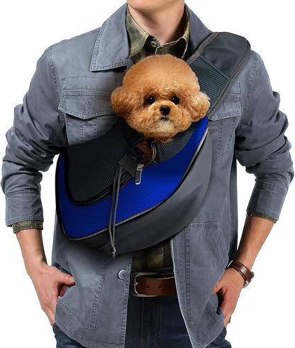 Dog Sling Carrier, Up to 5 lbs, Dog Papoose with Zipper Touch Pocket, Hand Free Breathable Mesh Puppy Carrier, Crossbody Satchel Dog Purse for Outdoor Travel, M, Blue