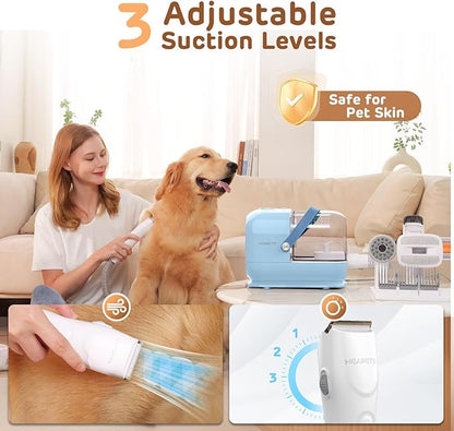 Dog Grooming Vacuum Kit - 3L Vacuum with 7 Tools, Low Noise Electric Clipper and Brush for Pet Shedding at Home, Blue