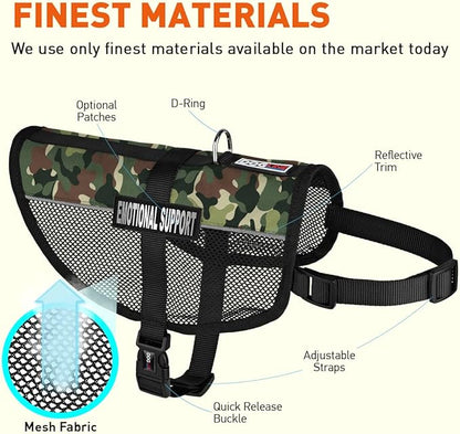 Dogline MaxAire Vest Emotional Support Removable Patch Adjustable Harness Reflective for Puppies Small Medium and Large Dogs 17 by 21 Inch Girth Green Camo