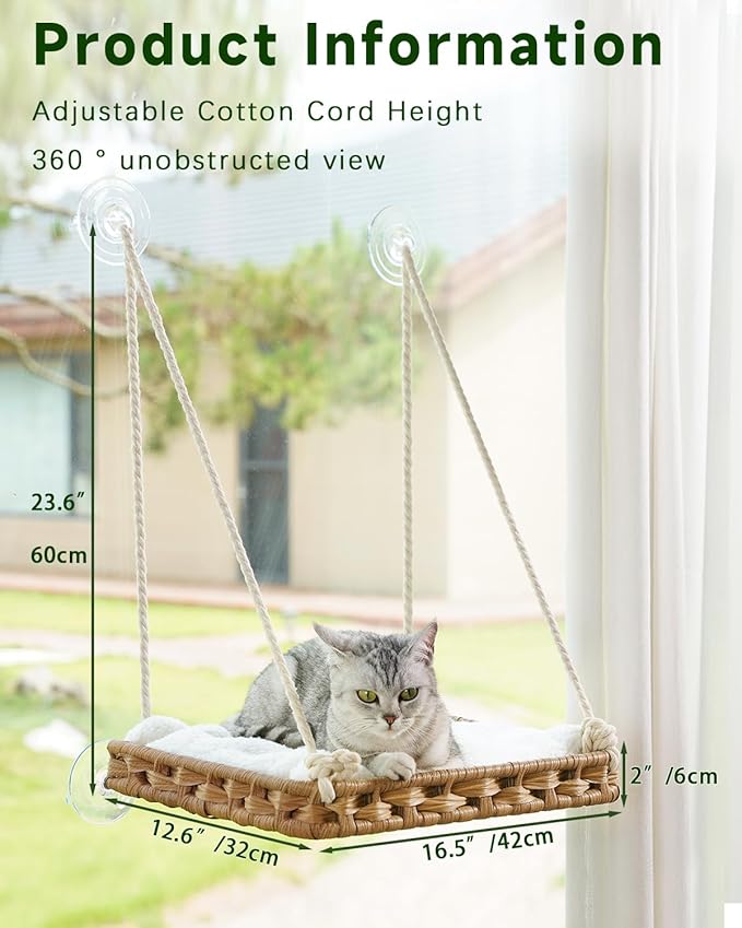 Cat Window Perch Cat Window Hammock Bed for Indoor Cats, Large Handwoven PE Rattan Window Seat, 4 Suction Cups, Double Sided Washable Cushion Bed, 2.3 Inch Fence Shelf, for Pet Kittens Natural