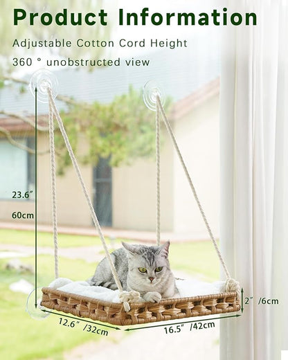 Cat Window Perch Cat Window Hammock Bed for Indoor Cats, Large Handwoven PE Rattan Window Seat, 4 Suction Cups, Double Sided Washable Cushion Bed, 2.3 Inch Fence Shelf, for Pet Kittens Natural
