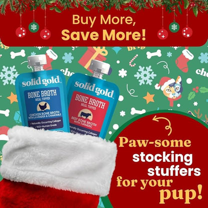 Solid Gold Beef Bone Broth for Dogs - Grain Free Dog Food Topper Rich in Collagen and Superfoods - Nutrient Dense Dog Gravy Topper for Dry Food - Promotes Gut Health and Hydration - 12 Pack