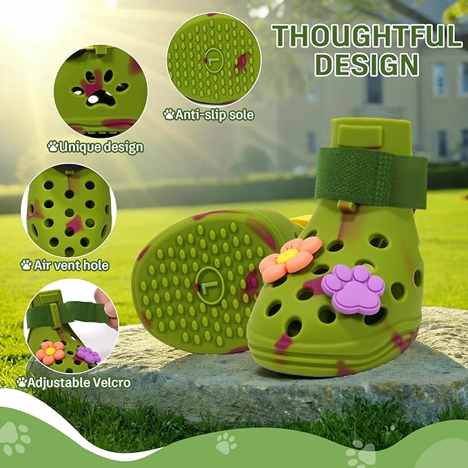 Dog Shoes for Hot Pavement, Adjustable Magic Tape Boots for Small, Medium & Large Dogs, Anti-Slip, Easy to Clean Paw Protectors for Beach, Outdoor & Hot Weather (Green L)