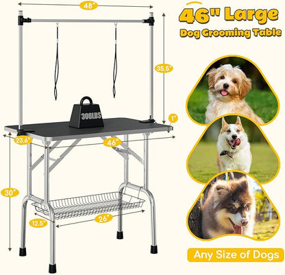 46" Dog Grooming Table, Adjustable Grooming Table for Dogs at Home, Foldable Pet Grooming Table with Arm, Noose, Mesh Tray, Portable Large Dog Grooming Table Maximum Capacity 300 LBS, Black