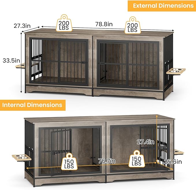 78'' Double Dog Crate Furniture, XL Double Dog Kennel with 360° Rotating and Adjustable Height Dog Bowl Holder (4 Bowls), Grey Furniture Kennel with Divider for Small Medium Large Dogs