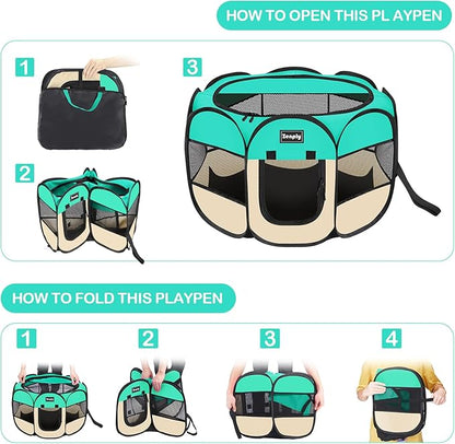 Portable Pet Dog Playpen, Pet Playpen Foldable Extra Heavy Duty Pop Up No Assembly Kennel Tent Crate Indoor Outdoor with Shade Ventilation Mesh for Small Dog, Kitten, Cat, Rabbit (Turquoise,M)