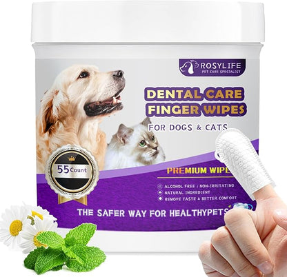 55 Counts PET Teeth Cleaning Wipes for Dogs & Cats,Dog Dental Wipes for Reducing Plaque & Tartar, Gentle Dental and Gum Care Finger Pet Wipes (55PCS-Teeth Cleaning Wipes)