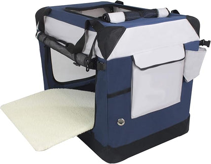 EliteField 4-Door Folding Soft Dog Crate with Curtains, Carrying Bag and Fleece Bed (2 Year Warranty), Indoor & Outdoor Pet Home (36" L x 24" W x 28" H, Navy Blue +Gray)