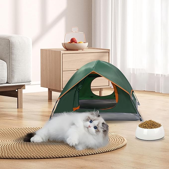 Outdoor Waterproof Pet Camping Tent, Cave Bed for Indoor Cats and Small Dogs, Portable Cat House Dog House, 29.5x29.5x18.9'', Green, M.