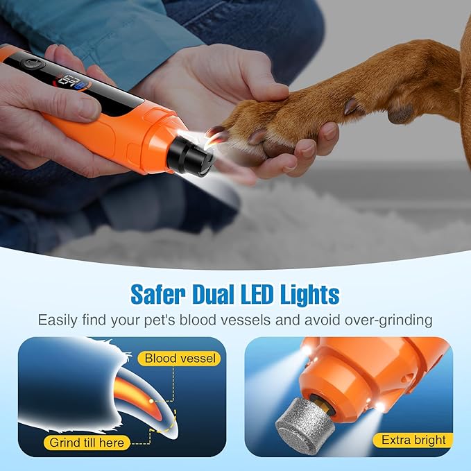 Dog Nail Grinder, 6-Speed Quiet Electric Dog Nail Trimmers, Dog Nail Clippers with File for Small Medium Large Dogs, Cats, Rechargeable Pet Paw Grooming Supplies Kit, 2 Grinding Wheels (Orange)