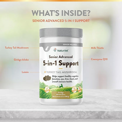 NaturVet Senior Advanced 5-in-1 Support Dog Supplement – Helps Support Immune System, Heart, Liver, Cognitive Function, Eye Health – Includes Ginkgo Biloba, Lutein – 60 Ct.