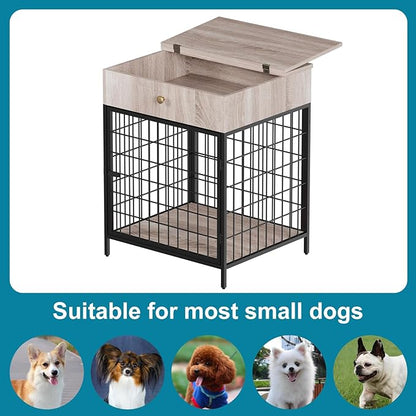 Small Dog Crate End Table,Dog Crate Furniture, Dog Kennel End Table with Storage Drawer, Chew-Proof Metal Fence, Lockable Door, Wooden Pet Cage Side Table Indoor