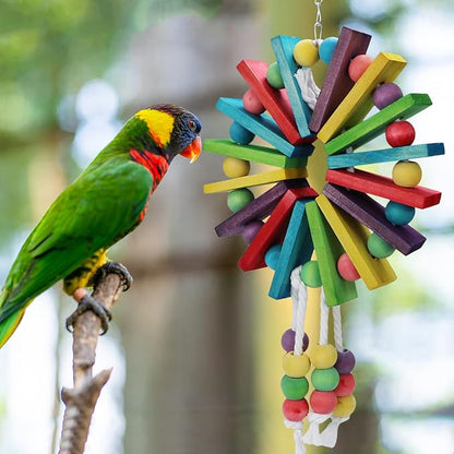 Parrot Hanging Chew Toy Bird Bite Swing with Colorful Wood Beads Bells for Parrot Macaw African Greys Cockatiels Cage Accessories (Colorful Wood Toy)