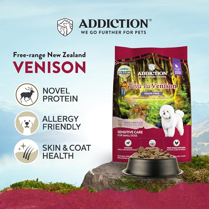 Addiction Viva La Venison All Life Stages Small Breed Grain-Free Premium Venison Dry Dog Food Crafted in New Zealand - 3.3 lbs. Grain-Free/Gluten-Free Kibbles for Small Dogs