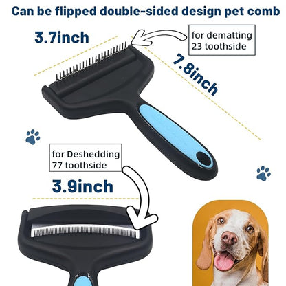2-Sided Dematting & Deshedding Comb for Pets, Larger Size - 2 Types of Stainless Steel Brush Heads, Ergonomic Handle