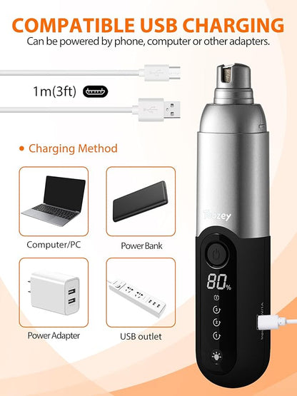 Toozey Dog Nail Grinder with LED Light, Professional 2-Speed Electric Pet Nail Trimmer with 2 Grinding Wheels, Rechargeable Quiet Dog Nail File Painless Paws Grooming for Small Medium Large Dog & Cat