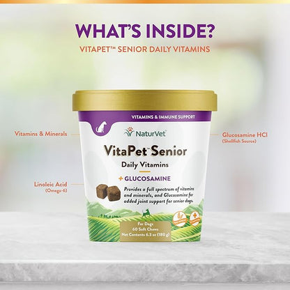 NaturVet VitaPet Senior Daily Vitamins Plus Glucosamine for Dogs, 60 ct Soft Chews, Made in The USA with Globally Source Ingredients