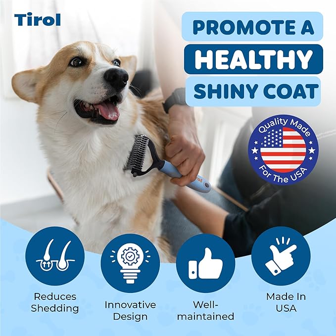 TIROL SUPPLIES Original Pet Grooming Rake - Ergonomic Non-slip Undercoat Rake for Dogs & Cats - Double-Sided Deshedding Dematting Tool - Extra-Wide Deshedding Dog Brush for Long Hair