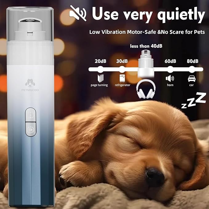 Dog Nail Grinder & Upgrade Professional with 3-Speed Adjustment Super-Quiet and Low-Vibration Pet Nail Trimmers with Forward and Reverse Functions - Safe Pause Button Wireless Type-C Charging