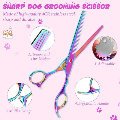 7 Inch Professional Pet Grooming Scissors Set, Curved Straight Dog Scissors, Thinning Shears, 8 in 1 Kit with Comb, Silver, Stainless Steel
