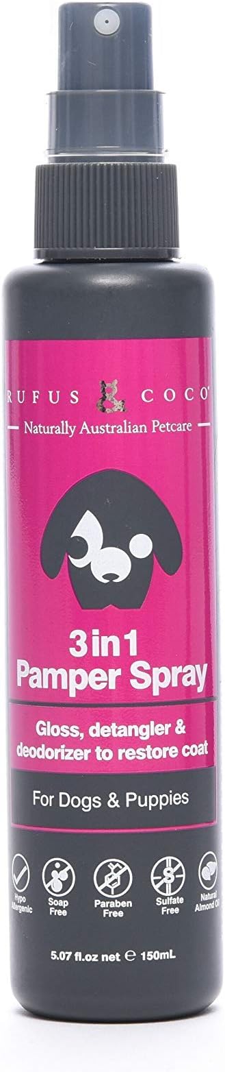 Rufus & Coco 3-in-1 Natural Pamper Spray | Detangle, Shine & Deodorize | Paraben Free with no Build up Mist| Hypoallergenic Fresh Fragrance