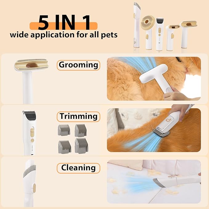 Dog Hair Vacuum & Pet Grooming Kit, 5 in 1 Pet Grooming for Dogs Cats, 2L Large Capacity Pet Hair Vacuum, Low Noise Dog Hair Vacuum for Shedding Pet Hair, Home Cleaning, White