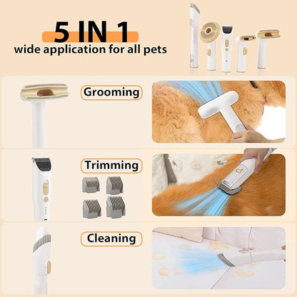 Dog Hair Vacuum & Pet Grooming Kit, 5 in 1 Pet Grooming for Dogs Cats, 2L Large Capacity Pet Hair Vacuum, Low Noise Dog Hair Vacuum for Shedding Pet Hair, Home Cleaning, White