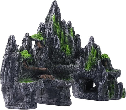 Large Fish Tank Decorations - Mountain View Aquarium Ornament with Tree House Cave Bridge,Large