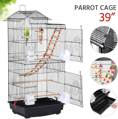 Yaheetech 39-inch Roof Top Large Flight Parrot Bird Cage for Small Quaker Parrot Cockatiel Sun Parakeet Green Cheek Conure Budgie Finch Lovebird Canary Pet Bird Cage w/Toys