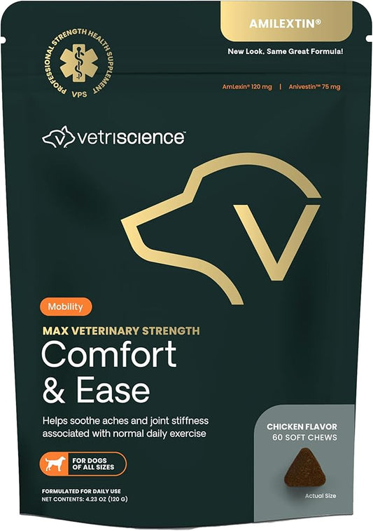 VETRISCIENCE Max Veterinary Strength Comfort & Ease Chews - Dog Comfort & Mobility Supplement for Canine Joint Relief - Clinically Proven Ingredients - Chicken Flavor - 60 Count