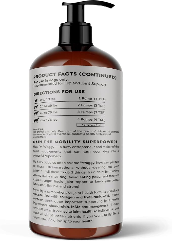 WONDER PAWS Premium Liquid Glucosamine for Dogs Strength Joint Support, Flexibility, Cartilage & Mobility - Hip and Joint Supplement with Chondroitin, MSM, Collagen & Hyaluronic Acid (16 Oz)