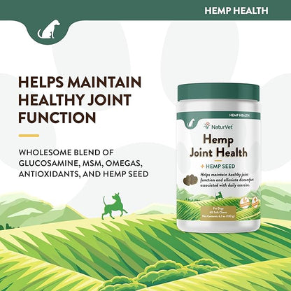 NaturVet Hemp Joint Health, Joint Care Support Supplement for Dogs, Soft Chews, 60ct Made in The USA