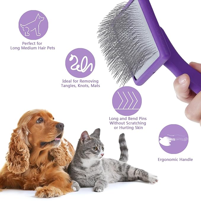 Dog Slicker Brush for Long Haired Dogs Doodle Brush for Dogs Large Dog Slicker Brush for Goldendoodles with Ergonomic Solid Wooden Handle Long Pin Grooming Brush for Dogs (Purple)