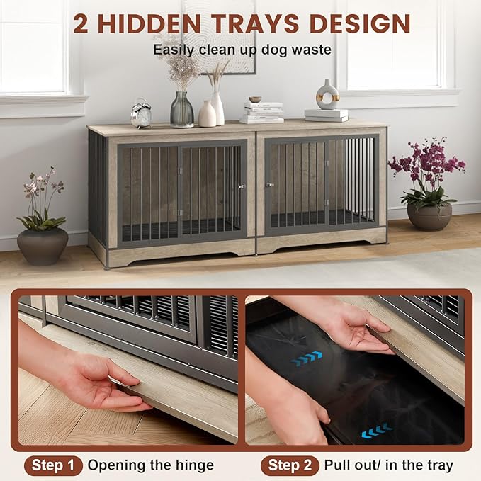 75 Inch Double Dog Crate Furniture for 2 Large Dogs with 2 Trays and Divider, 3-in-1 Grey Large Double Dog Kennel TV Stand with Adjustable Feet