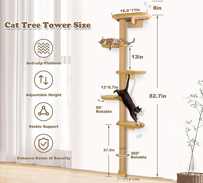 5-Tier Tall Cat Tree for Kittens, Floor to Ceiling Wall Mounted Cat Wall Shelves with Brown Plush Pads, Adjustable Wild Simulation Cat Tower for Climbing, Scratching & Lookout