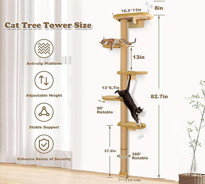 5-Tier Tall Cat Tree for Kittens, Floor to Ceiling Wall Mounted Cat Wall Shelves with Brown Plush Pads, Adjustable Wild Simulation Cat Tower for Climbing, Scratching & Lookout