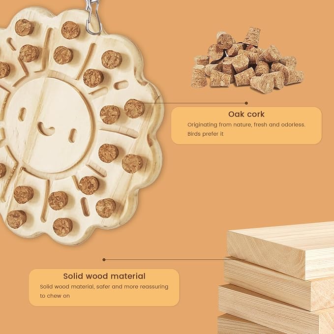 Bird Chew Toy – Wooden Foraging Puzzle Toy with Cork Stoppers, Hanging Bird Cage Toy for Parrots, Conures, Budgies, Cockatiels, Macaws, Finches, and Small to Medium Birds(Snowflake)