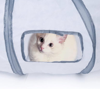 Sheldamy Cat Tunnel, S-2-Way Cat Tunnels for Indoor Cats, Collapsible Cat Play Tunnel, Interactive Toy Maze Cat House with 1 Play Ball for Cats, Puppy, Kitty, Kitten, Rabbit (White & Gray)