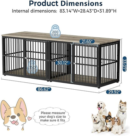 86.62''Dog Crate Furniture Large Breed TV Stand with Double Rooms,Wooden Dog Kennel Dog Crate End Table with Removable Divider for Large Medium Dogs, Can Use Separately