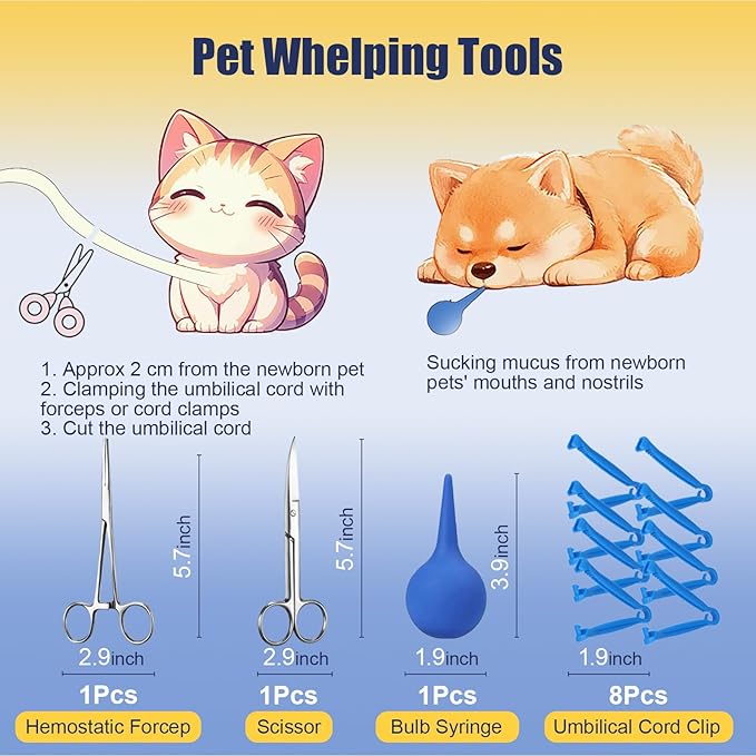 65 Pcs Deluxe Whelping Kit, Delivery of Kitten and Puppy Whelping Kit with Feeding Nipple Stethoscope Aspirator Puppy ID Bands etc Complete Full Kit