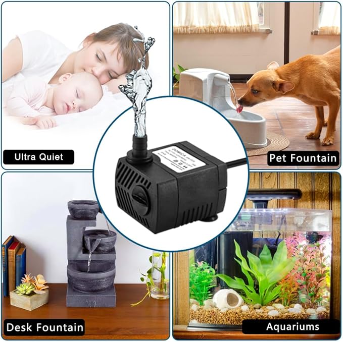 90 GPH Mini Submersible Pump, Small Fountain Pump (5W 350L/H) for water feature, Aquariums, Fish Tank, Tabletop Fountain, Pet Fountain, Indoor or Outdoor Pond Fountain