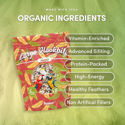 Mycelium Organic Large Hookbill Plus Bird Food (5 LB Bag) | Premium Daily Bird Seed for Macaws, Cockatoos, & Amazons | High-Protein, Vitamin-Fortified Skin & Feather Support | Non-GMO & USA-Made