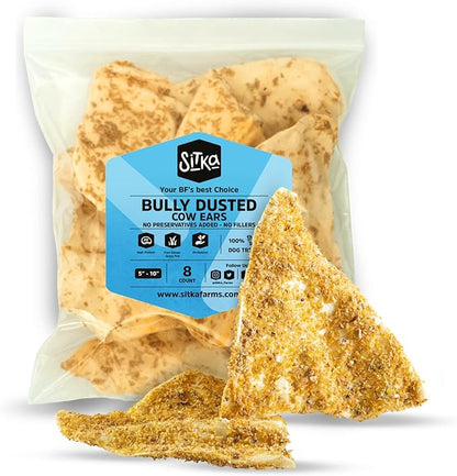 Sitka Farms Bully Dusted Cow Ears for Dogs 8 Count - Premium Rawhide Free Dog Chews - Beef Natural Dog Treats for Small, Medium and Large Dogs - Doggie Dental Care - Healthy Long Lasting Beef Ear