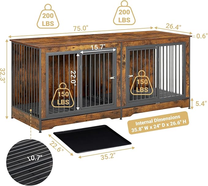 Rovibek 75'' Double Dog Crate Furniture for 2 Large Dogs, Heavy Duty Furniture Style Dog Kennel End Table, Wood Crates for Dogs Kennel Indoor Double Door, Brown