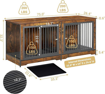 Rovibek 75'' Double Dog Crate Furniture for 2 Large Dogs, Heavy Duty Furniture Style Dog Kennel End Table, Wood Crates for Dogs Kennel Indoor Double Door, Brown
