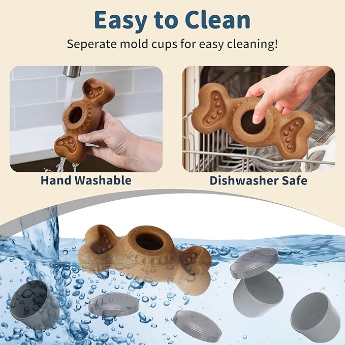 Enrichment Dog Treat Toys - Frozen Dog Treat Dispensing Chew Toy for Aggressive Chewers to Keep Them Busy, Ice Cream Holder Freeze Bone with Mold Cups, Fillable Cognitive Licking Toy, Brown