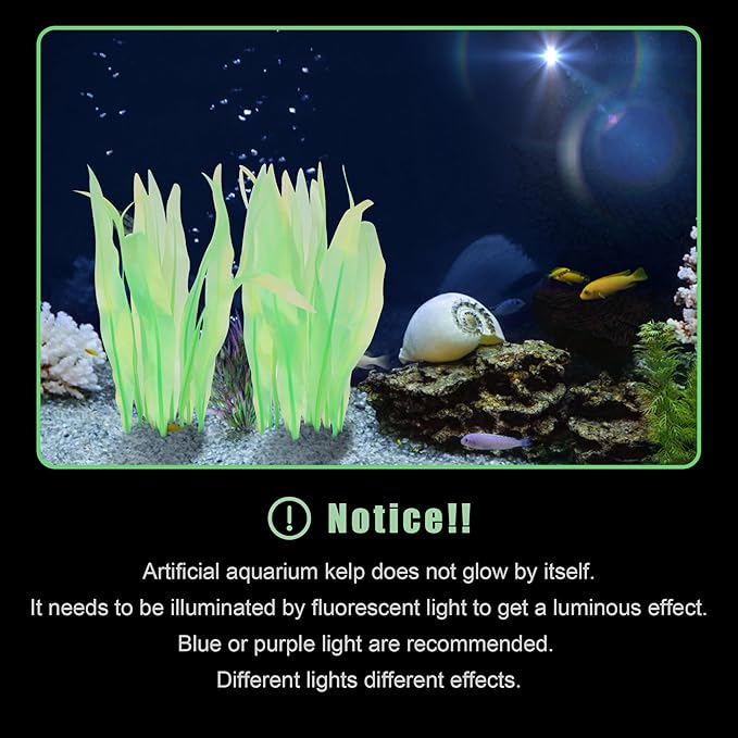 Kaiyuan Dynasty 2pc Artificial Fish Tank Plants Aquarium Decoration Plants Silicone Glowing Kelp Ornament Fish Tank Decor Aquarium Plant Aquatic Water Grass,7inch,Green