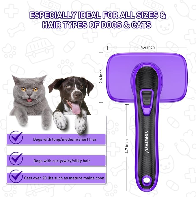Dog Brush for Shedding, Self-Cleaning Slicker Brush, Perfect for Short & Long Haired Pets, Removes Mats, Tangles, Loose Fur, Gentle on Skin, Ideal for Small, Medium, Large Dogs. Purple