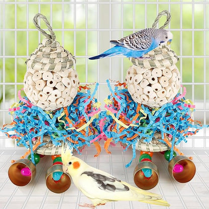 Conure Toys,2PCS Bird Toy Parrot Foraging Shredder Hanging Toys Sola Balls with Bell for Small Parrots Parakeets Cockatiel Conures Love Birds Budgie Cage Toy