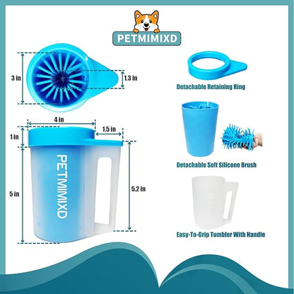 Dog Paw Washer with Handle, Absorbent Towels & Adjustable Bath Brush for Short and Long Hair, Muddy Foot Cleaner (Blue, Medium)